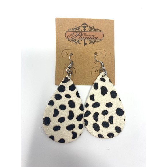 Plunder Design Earrings Black and White Cow Print Fabric Tear Drop NWOT - Picture 1 of 4